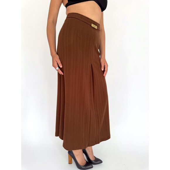 90s vintage brown Morgan belted casual dressy pleated high rise long midi skirt - Picture 5 of 8